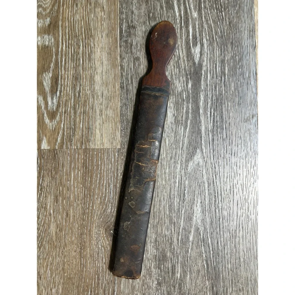 1800's‎ Antique Razor Strop Barber Tool Brown Leather Wood Handle Primitive